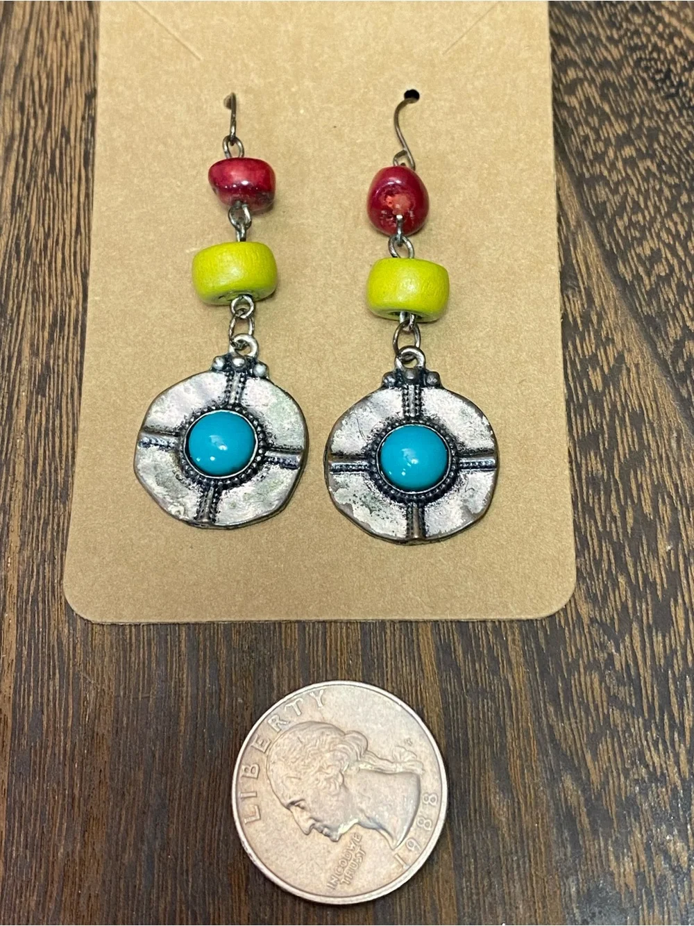 Boho Turquoise Medallion Drop Earrings with Red and Yellow Beads